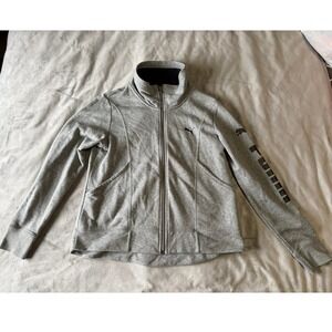 Puma Womens Full Zip Track Jacket Heather Gray Mock Neck Sleeve Logo Graphic